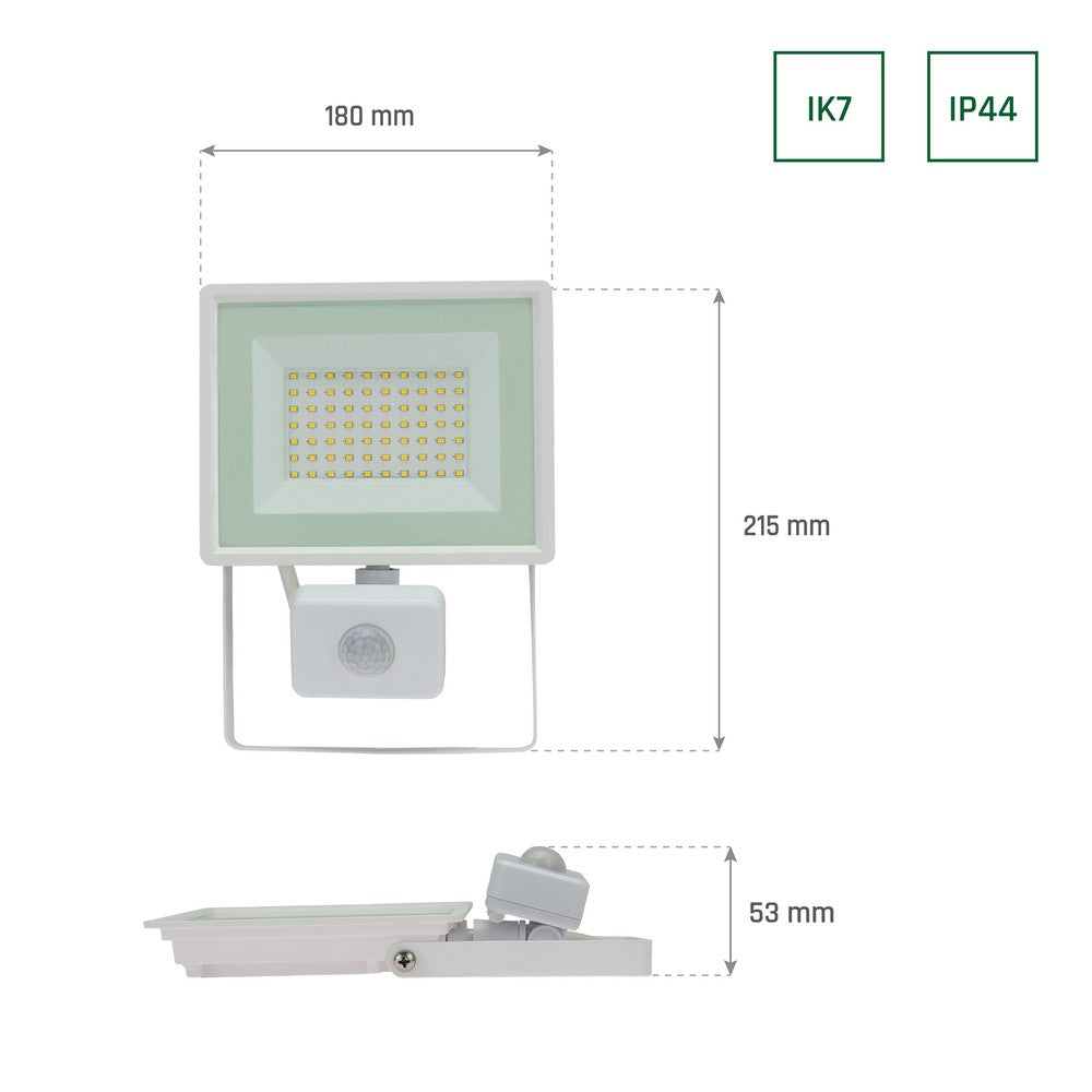 NOCTIS LUX 3 PROJEKTØR 50W 230V IP44 HVID m/PIR-sensor. 4700lm, RA70. 180x215x53mm.