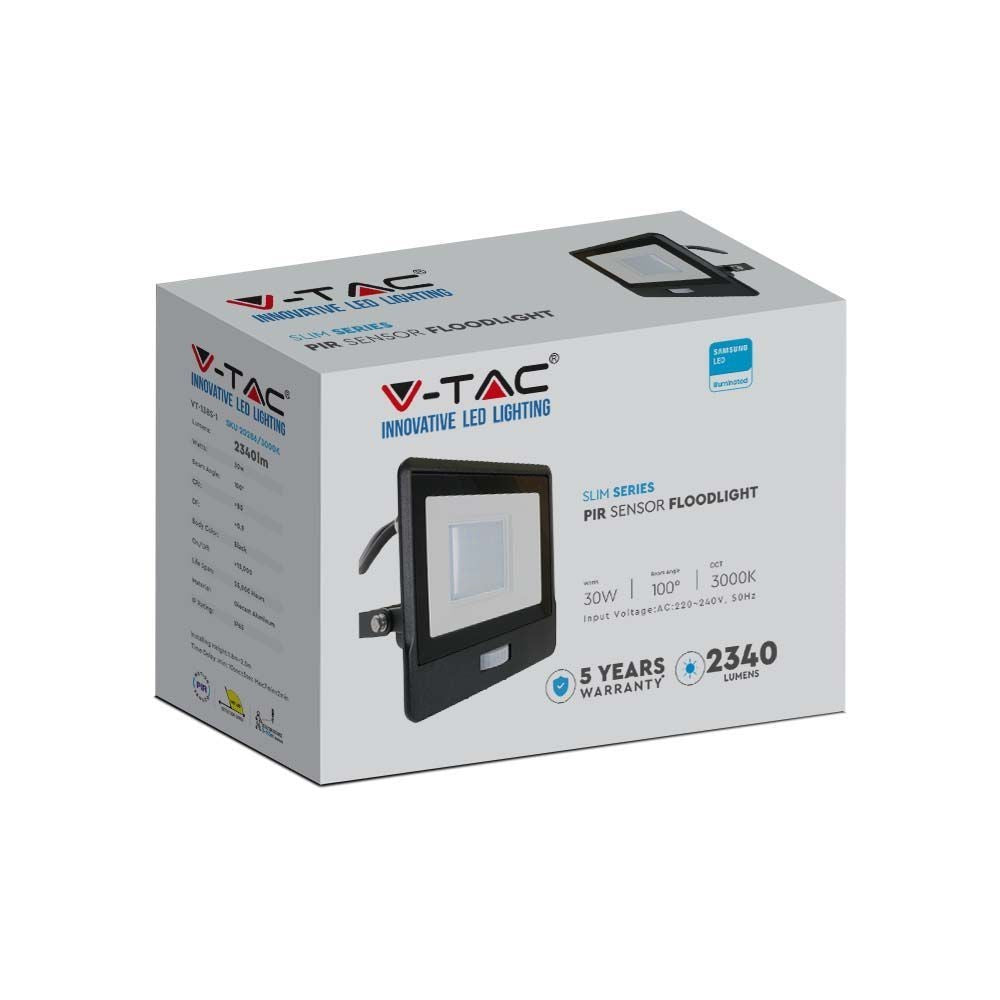 V-Tac 30W LED projektør med sensor - Samsung LED chip, 5 års garanti, IP65