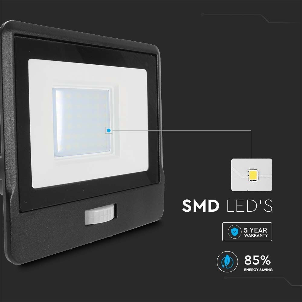 V-Tac 30W LED projektør med sensor - Samsung LED chip, 5 års garanti, IP65
