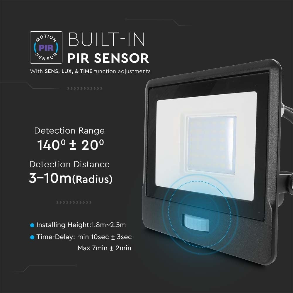 V-Tac 30W LED projektør med sensor - Samsung LED chip, 5 års garanti, IP65
