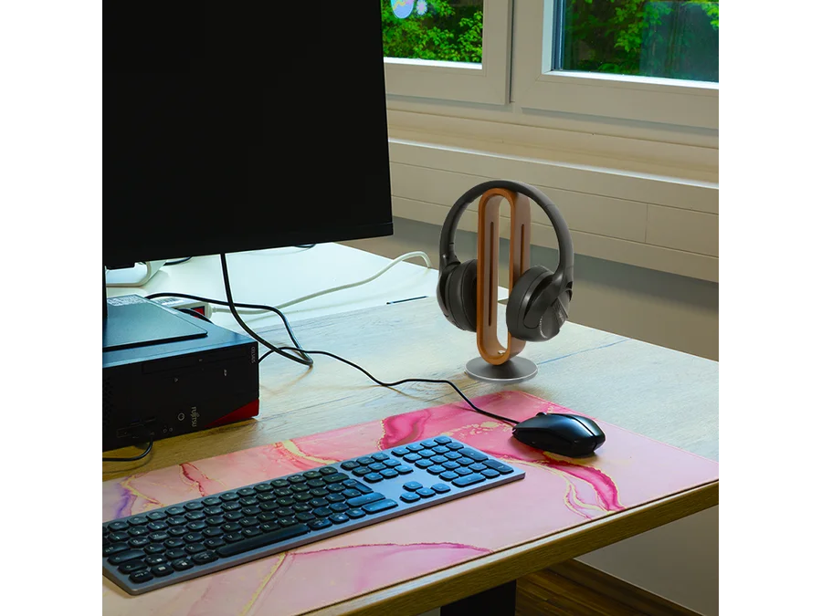 Headset holder - mørk bambus, siliconeunderlag