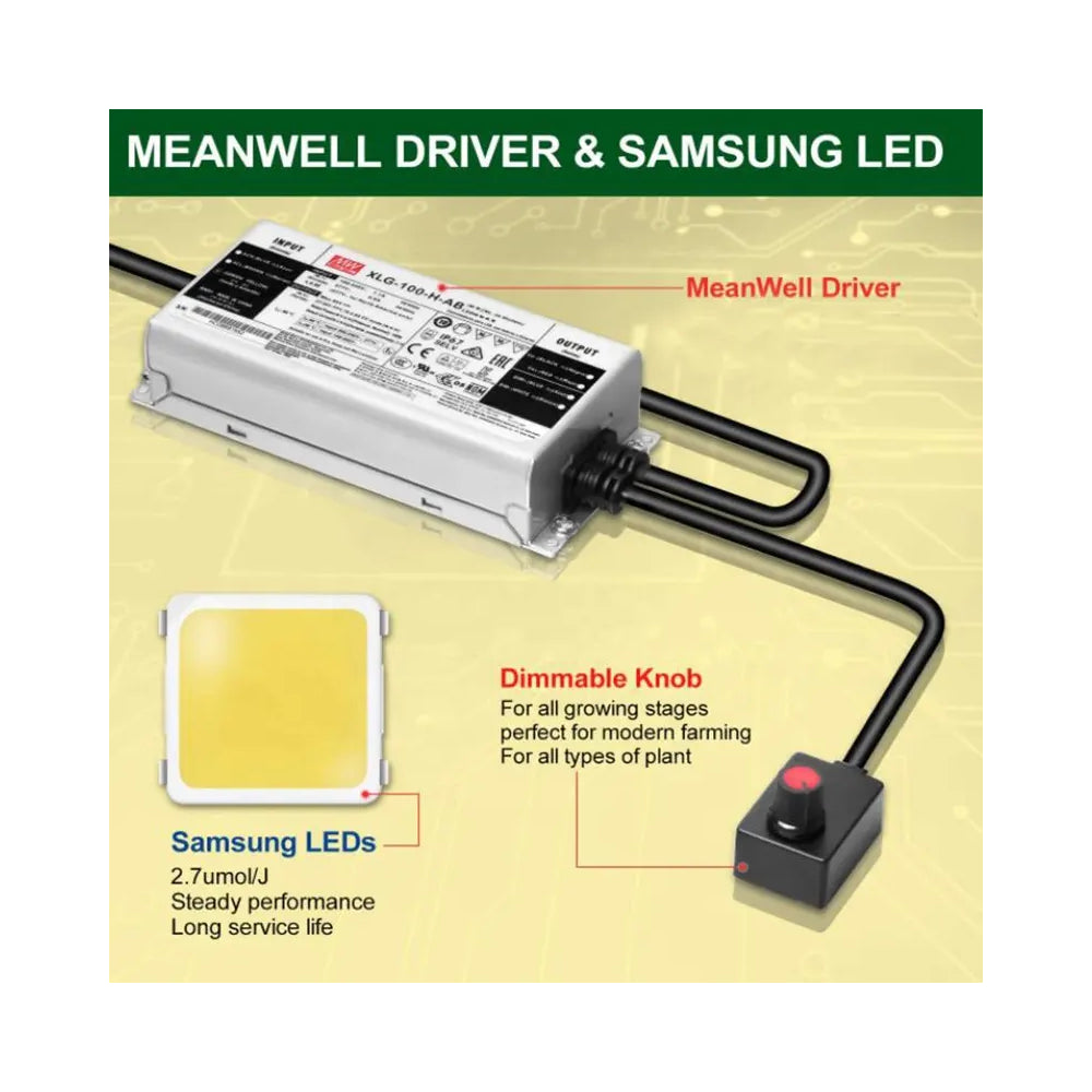 Samsung Quantum board 105W vækstlampe - Fuldt spektrum, dæmper, inkl. ophæng, IP65