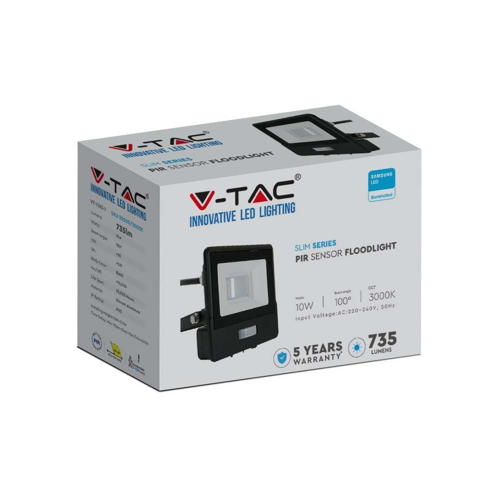 V-Tac 10W LED projektør med sensor - Samsung LED chip, 5 års producentgaranti, IP65