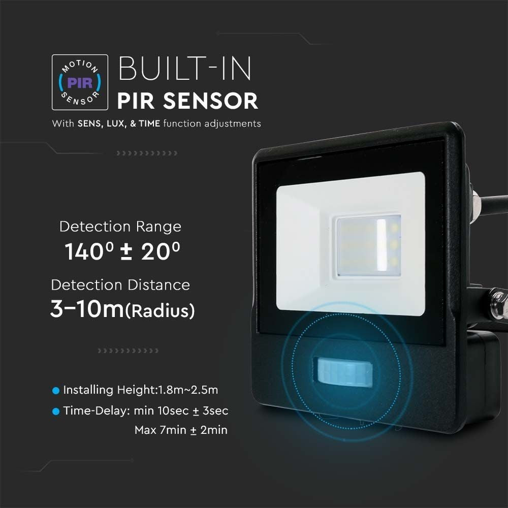 V-Tac 10W LED projektør med sensor - Samsung LED chip, 5 års producentgaranti, IP65
