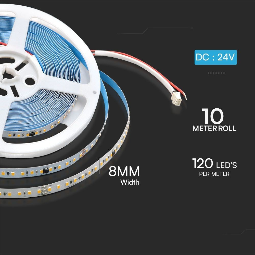 V-Tac 10W/m LED strip IC løbelys - 10m, inkl. kontroller, 120 LED pr. meter, 24V