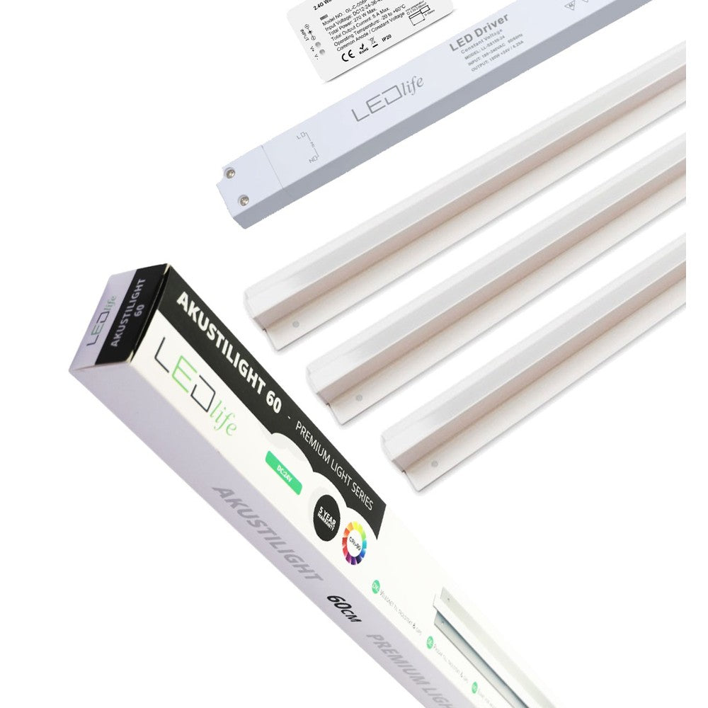 Troldtekt LED Skinnesæt 3x60 cm - CCT, Planforsænket, Akustilight inkl. fjernbetjening, ledninger og driver (19W, 24V, 1900lm, RA93, 5 års producentgaranti)