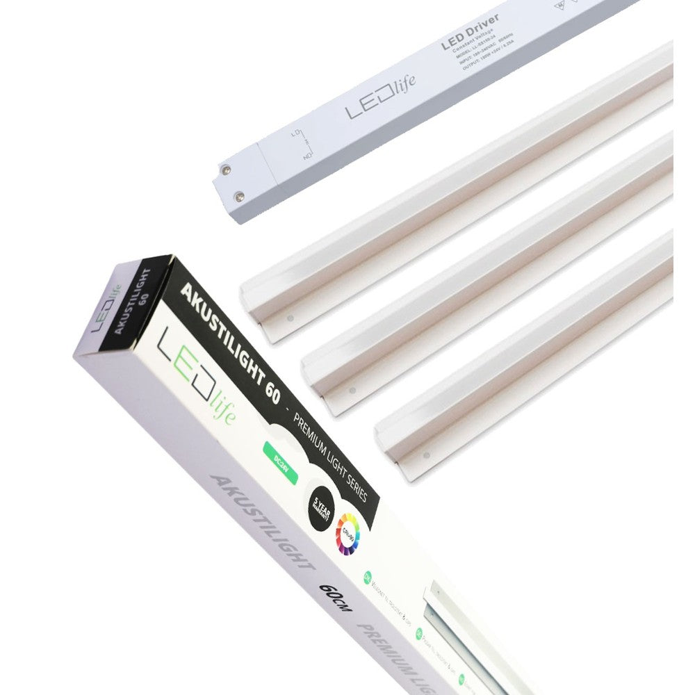 Troldtekt LED dæmpbar skinnesæt 3x60 cm - Planforsænket, Triac dæmpbar, Akustilight inkl. ledninger og driver