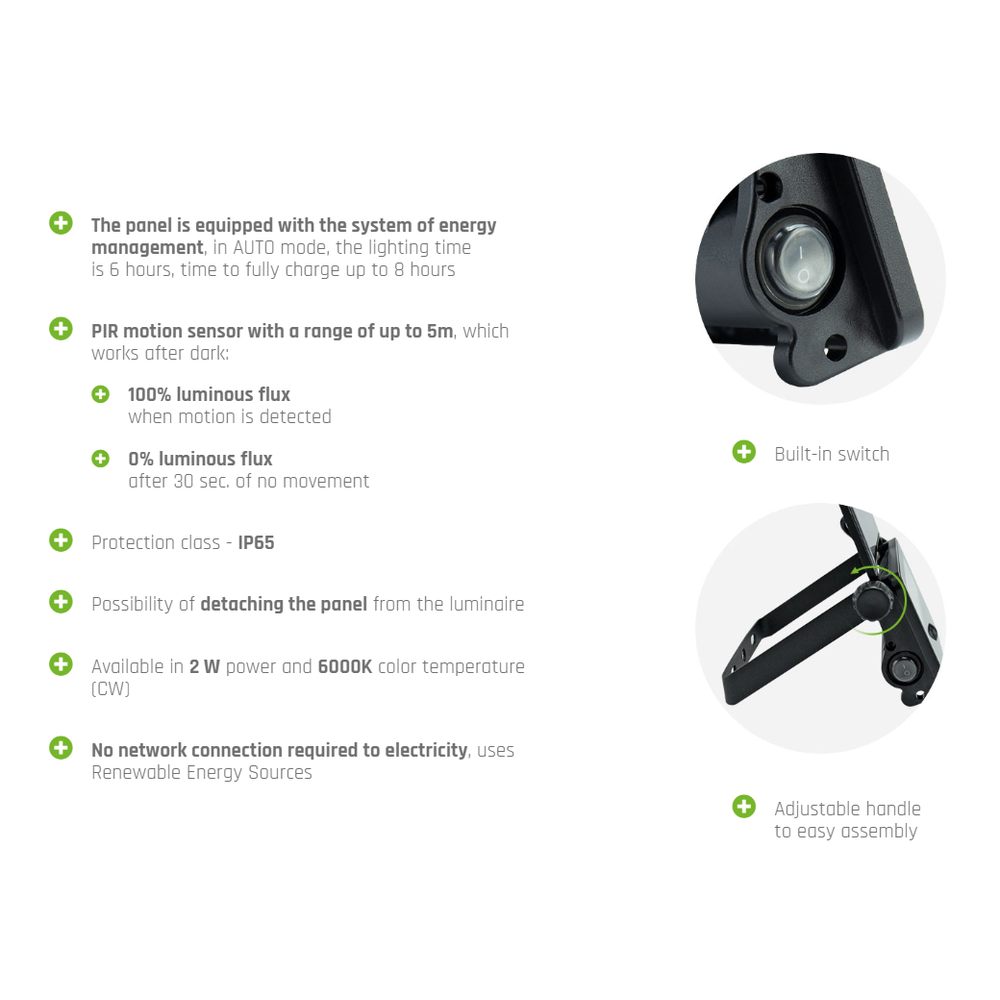 Spectrum 2W LED Solcelle Projektør med Sensor og Indbygget Batteri - Udendørs Belysning med 200lm Lysstyrke og RA80 - IP65 Klassificeret