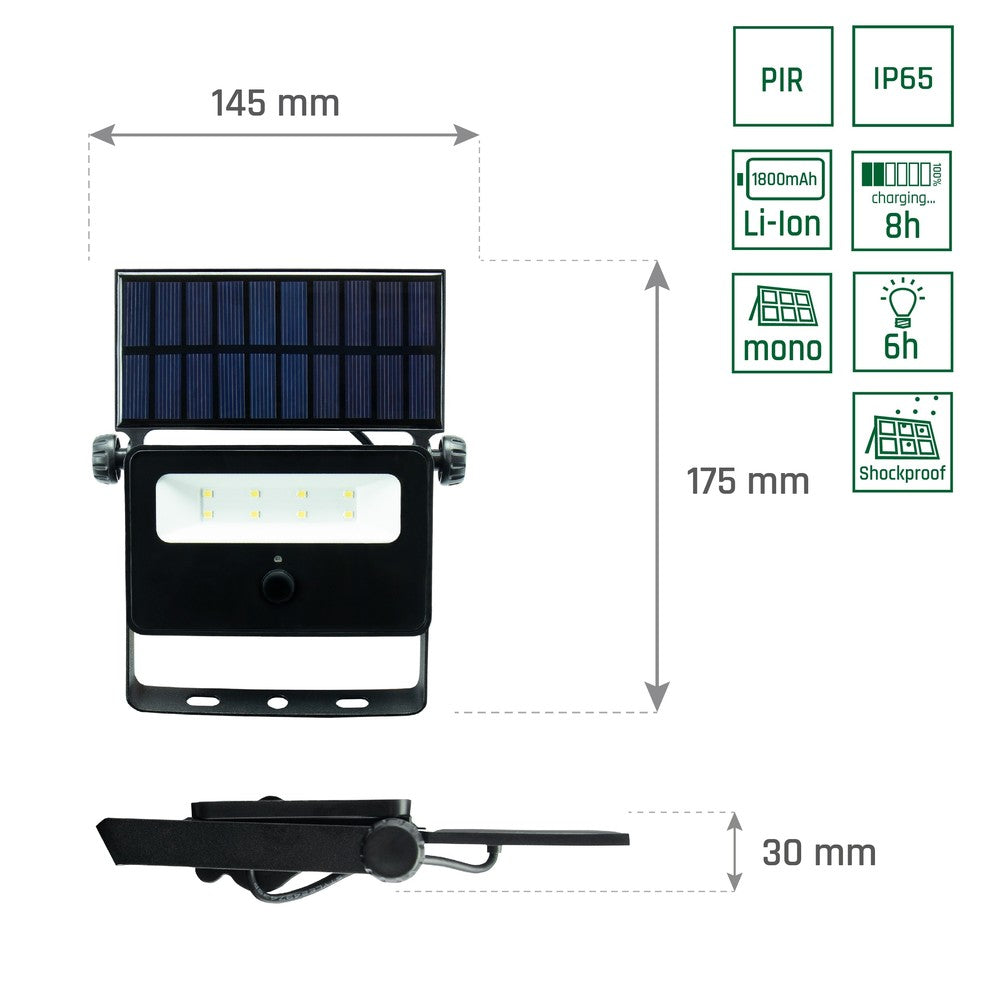 Spectrum 2W LED Solcelle Projektør med Sensor og Indbygget Batteri - Udendørs Belysning med 200lm Lysstyrke og RA80 - IP65 Klassificeret