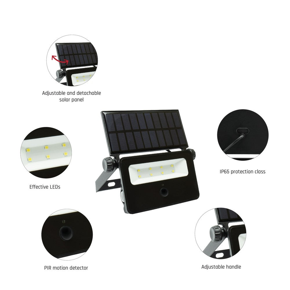 Spectrum 2W LED Solcelle Projektør med Sensor og Indbygget Batteri - Udendørs Belysning med 200lm Lysstyrke og RA80 - IP65 Klassificeret