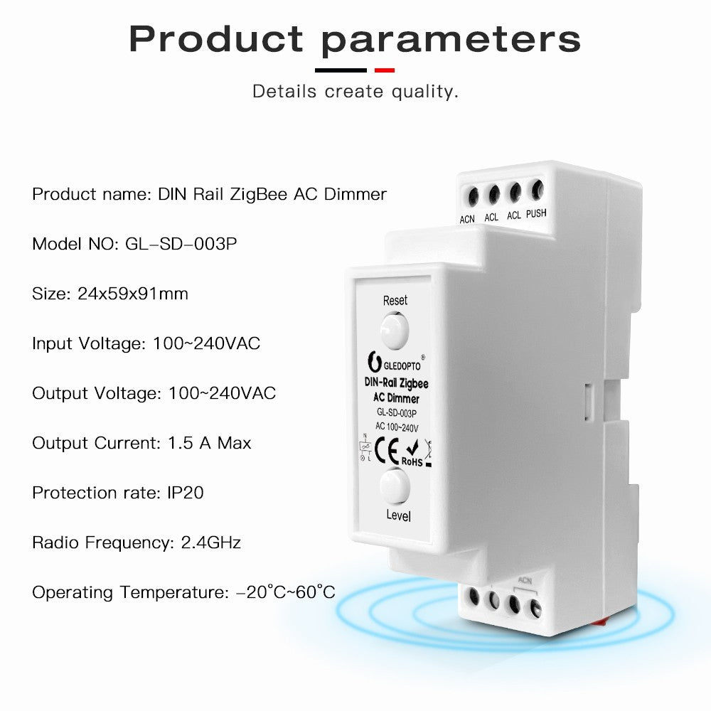 Gledopto Zigbee 3.0 dæmpermodul til DIN-skinne - 200W, 230V input
