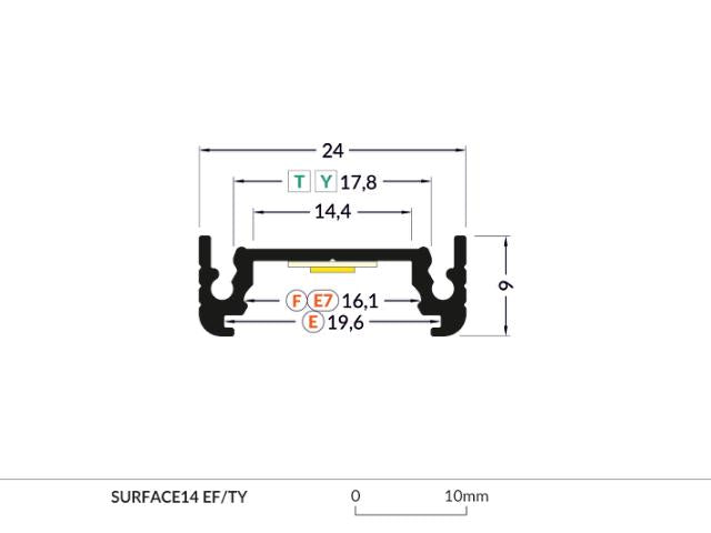 DIOFLEX Alu profil SURFACE14 EF/TY 2m 24x9mm sort