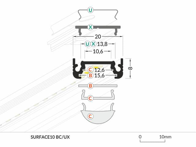 DIOFLEX Alu profil SURFACE10 BC/UX 1m sort