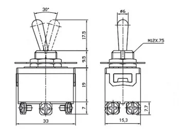 MAXI vippekontakt - 2P ON-ON 5A/250V, M3 skruer