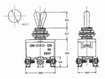 MAXI vippekontakt - 2P ON-ON 5A/250V, M3 skruer