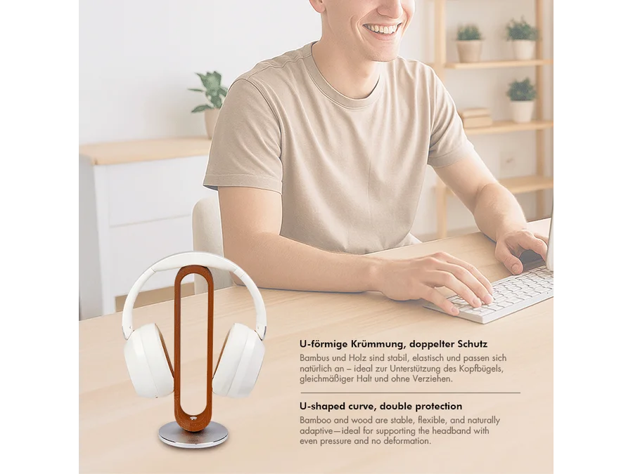 Headset holder - mørk bambus, siliconeunderlag