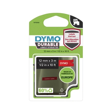 DYMO D1 Durable tape hvid på rød 12 mmx3m