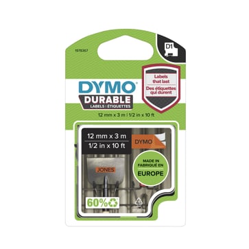 DYMO D1 Durable tape sort på orange 12mmx3m