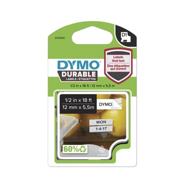 DYMO D1 Durable tape sort på hvid 12mmx5,5m