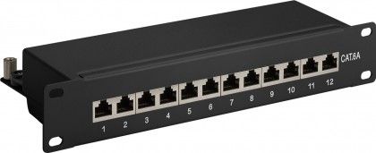 10" CAT6a Patch Panel - 12 x RJ45 skærmet, Sort