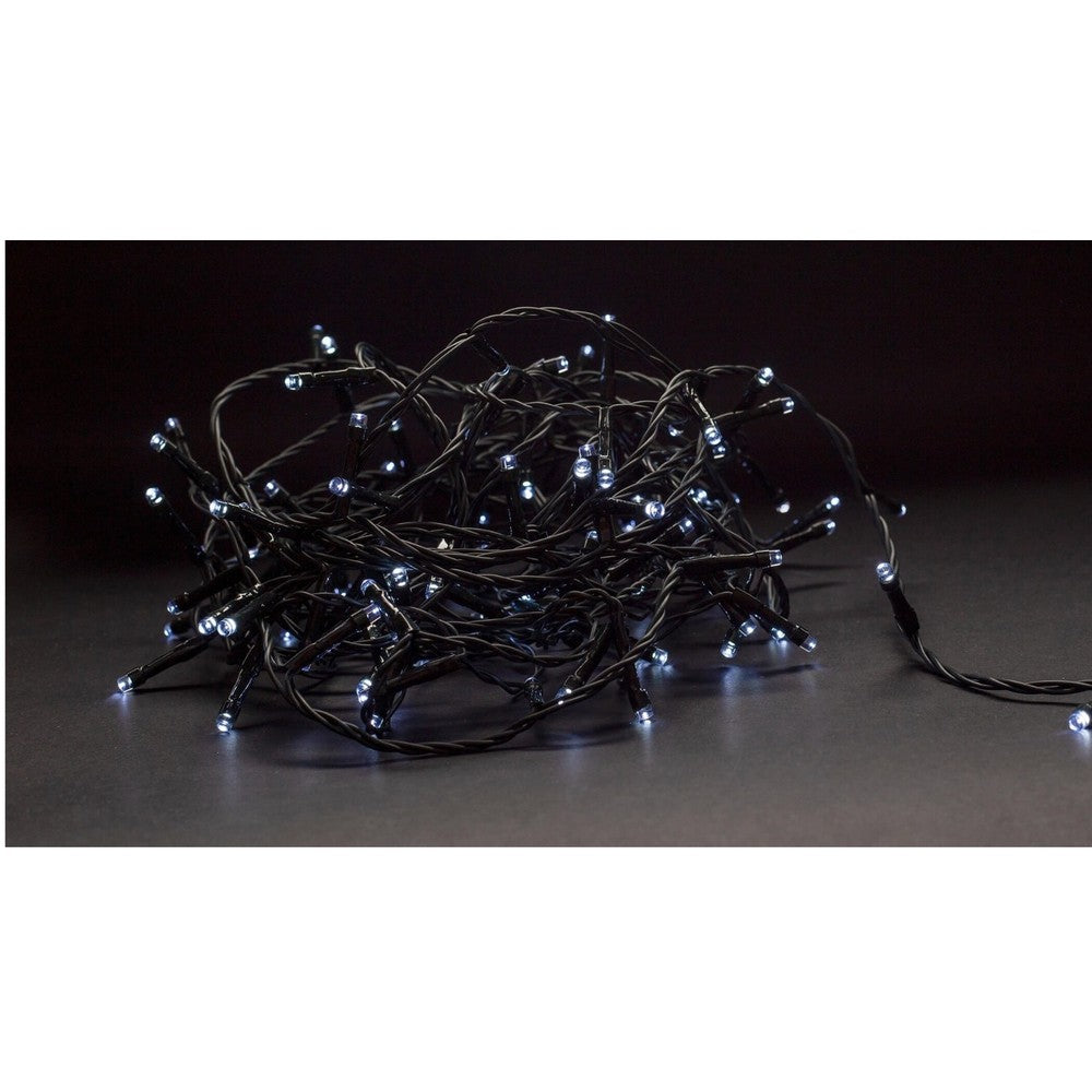 9 meter LED julelyskæde med 120 hvide LED-lys, egnet til udendørs brug med IP44 beskyttelse og tilslutning til 230V strøm.