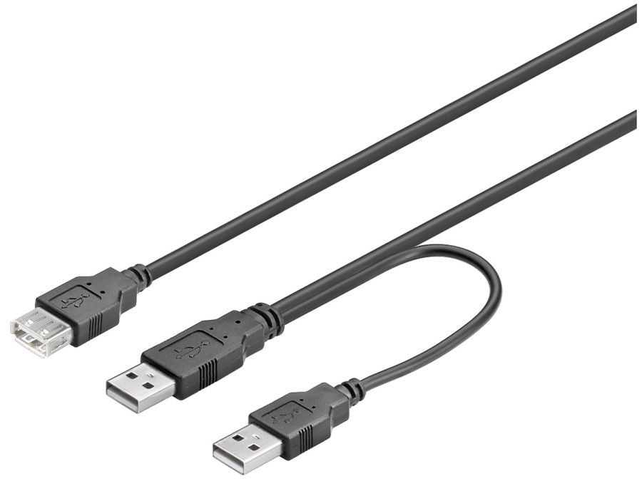 USB 2.0 dual-power kabel - 2 x A han til A hun, Sort (30cm)