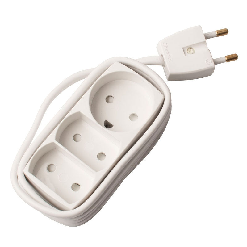 Stikdåse børnesikret 2 flade + 1 rund 1,5m - hvid