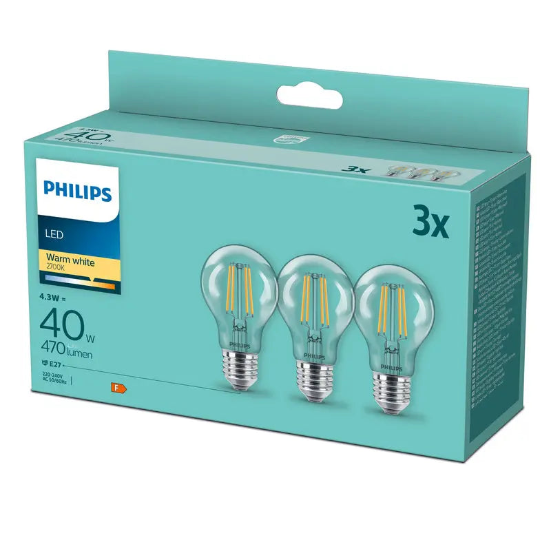 Philips LED 4,3W (40W) E27 2700K 470lm 3-pak