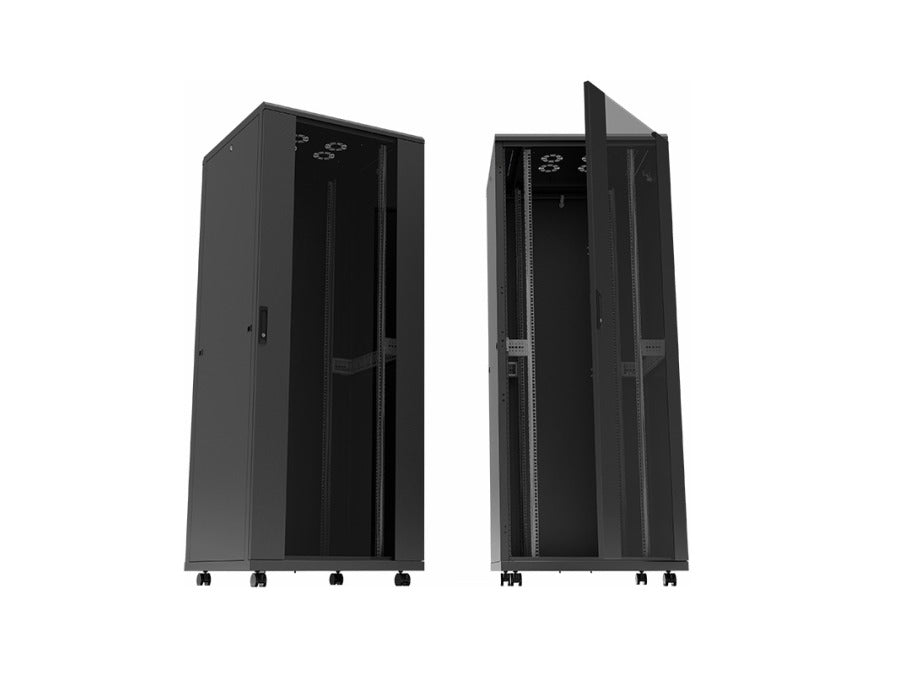 19" netværk rackskab - 22U, B800xD800mm m. glaslåge, Sort