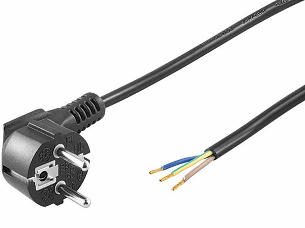 Strømkabel - CEE7/7 90° > løs ende, 3x0,75mm², Sort (2m)
