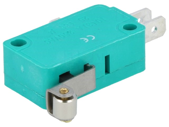 Mikroswitch m. kort rullebolt arm - 10A/250V, ON-(ON), spade
