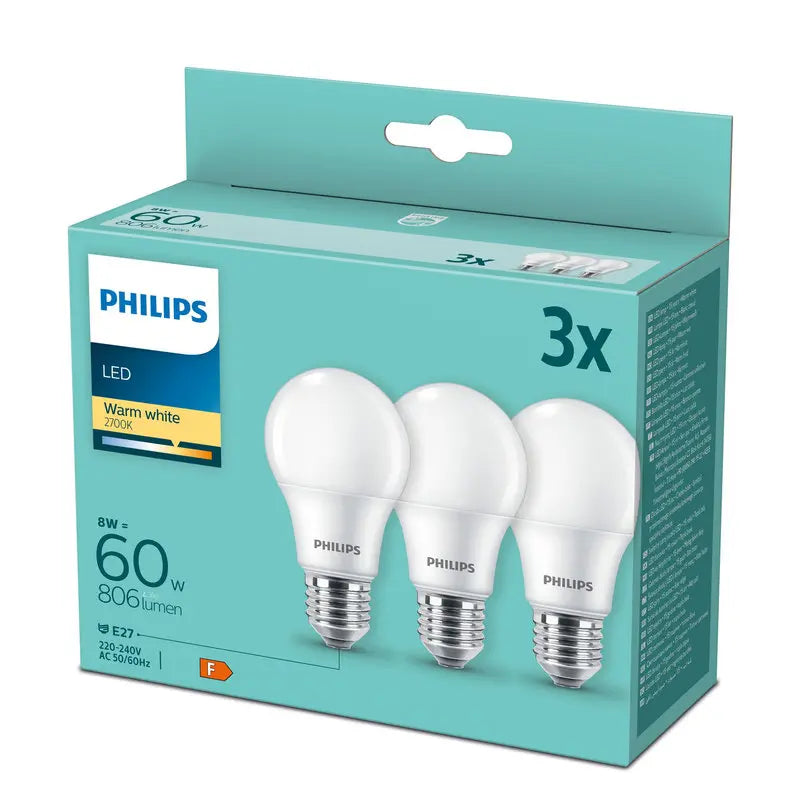 Philips LED 8W (60W) E27 2700K 806lm Mat 3-pak