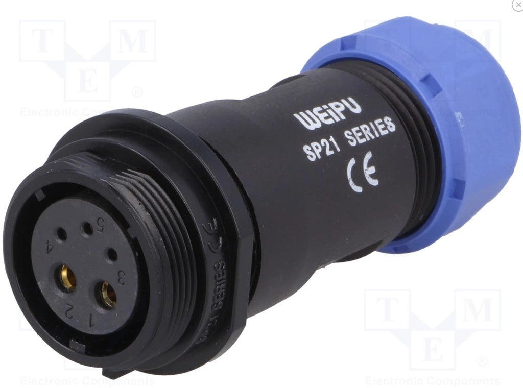 Rundstik, SP21 - 5 (2+3) pol hun, til Ø7-12mm kabel (IP68)