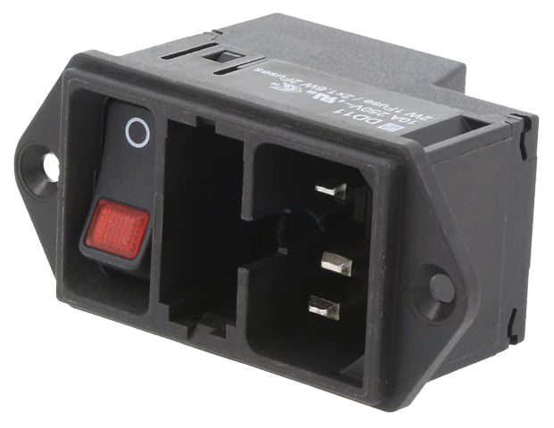 Apparatfatning - C14, kontakt, 2 sikr., 10A, Sort, Rød