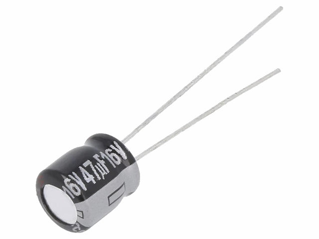47uF 16V lodret elektrolyt, 6,3x7mm (105°C)