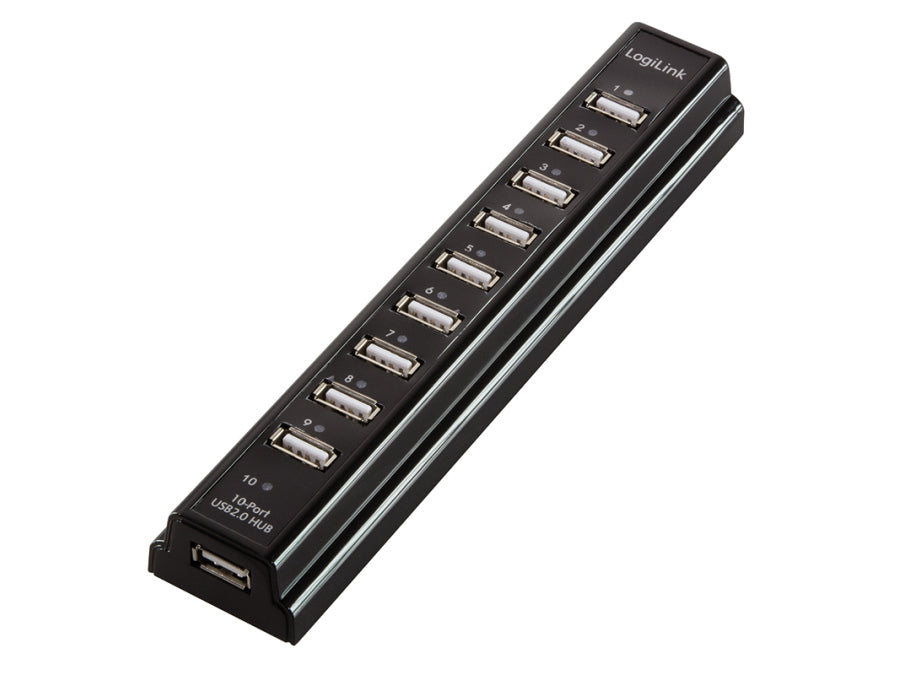 USB 2.0 HUB - 10-port, incl. 3,5A strømforsyning, Sort