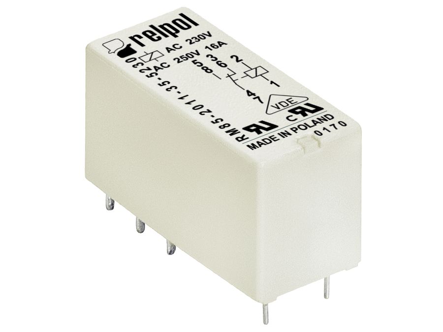 Vertikalt relæ - 230VAC / 16A, 1 x skifte (SPDT)