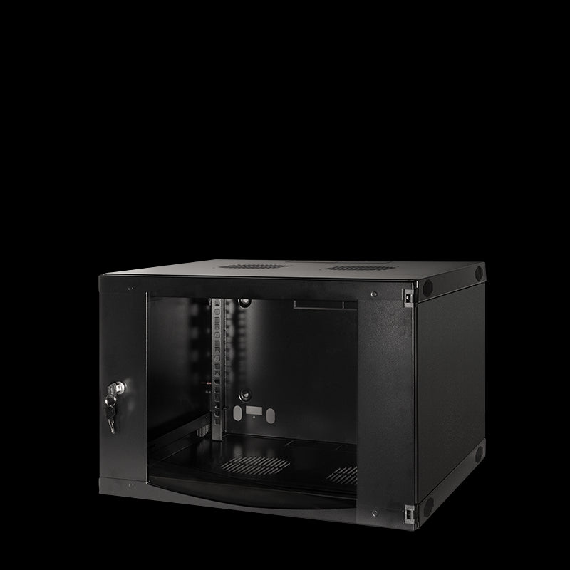 19" væg-rackskab - 6U, 450mm dyb, m. glaslåge, Sort