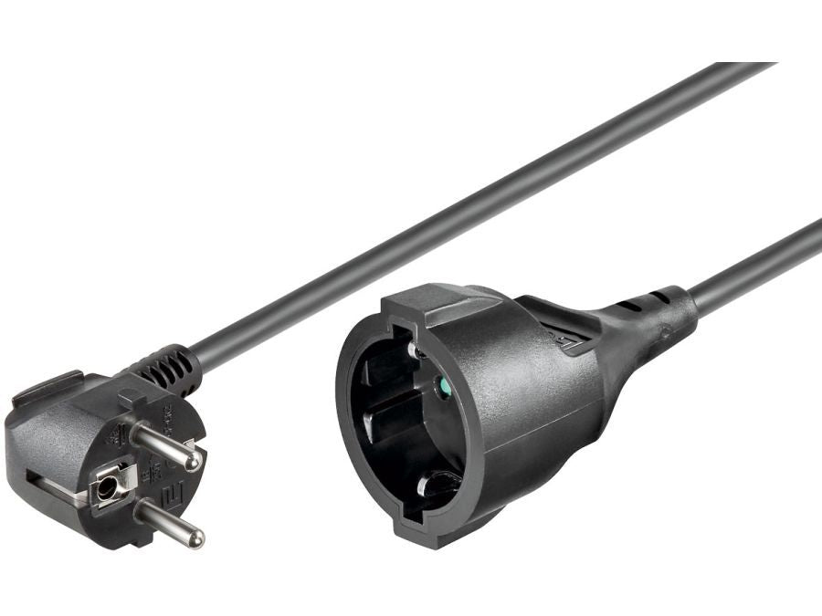 Forlængerledning - CEE7/7 90° han til CEE7/3 hun, Sort (2m)