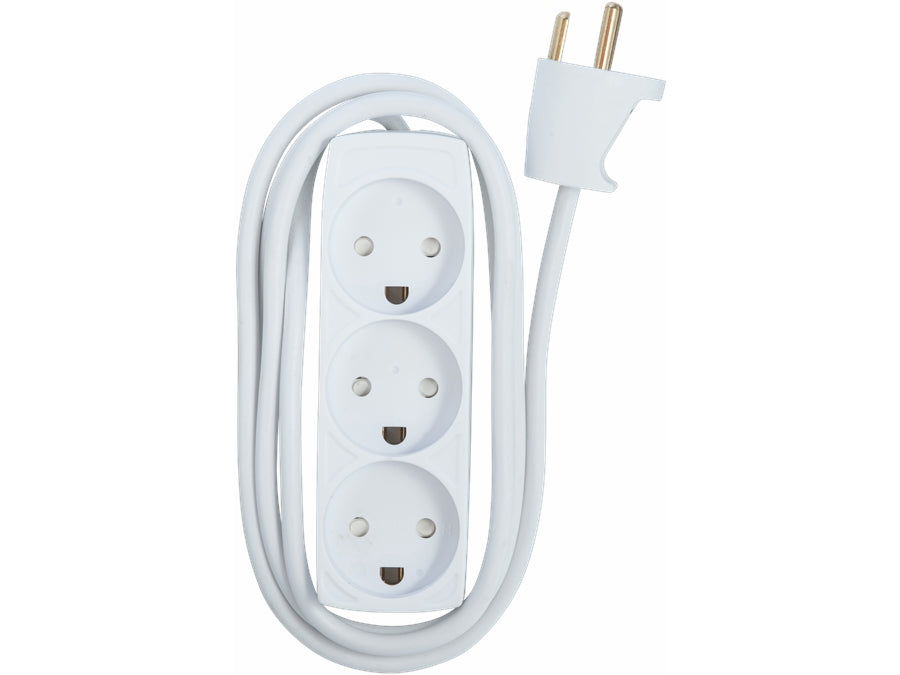 Stikdåse - 3 x DK jord, u. afbryder, Hvid (1,5m)