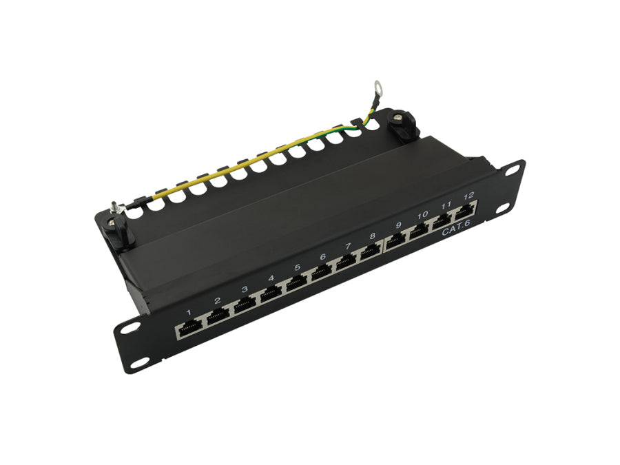10" CAT6 Patch Panel - 12 x RJ45 skærmet, Sort