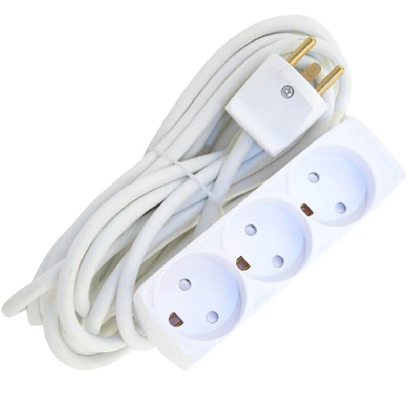 Stikdåse børnesikret 3-vejs 5m hvid m/jord