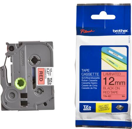 12 MM SORT TEKST PÅ RØD TAPE