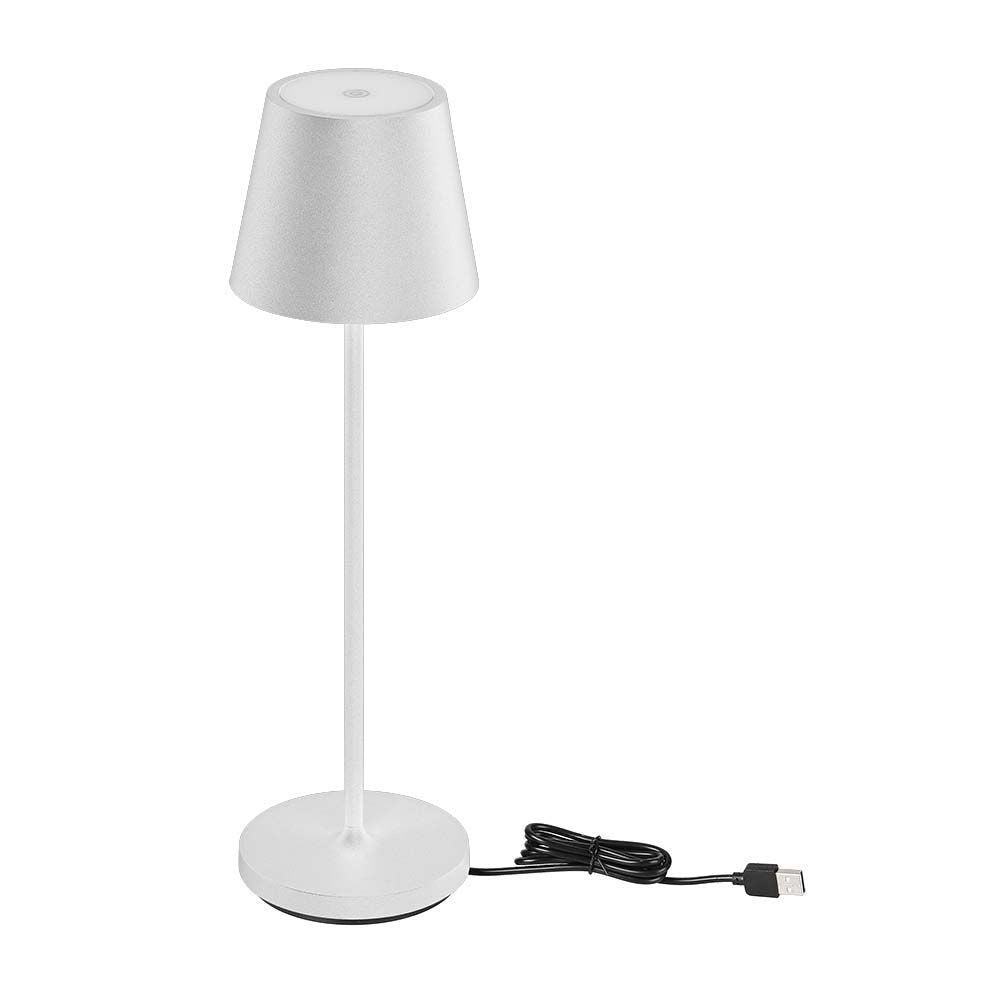 V-Tac Mini Opladelig Bordlampe - Hvid, Trådløs og IP54 Udendørs, Touch Dæmpbar, Effekt: 2W, Lysstyrke: 200lm, Farvegengivelse: RA80