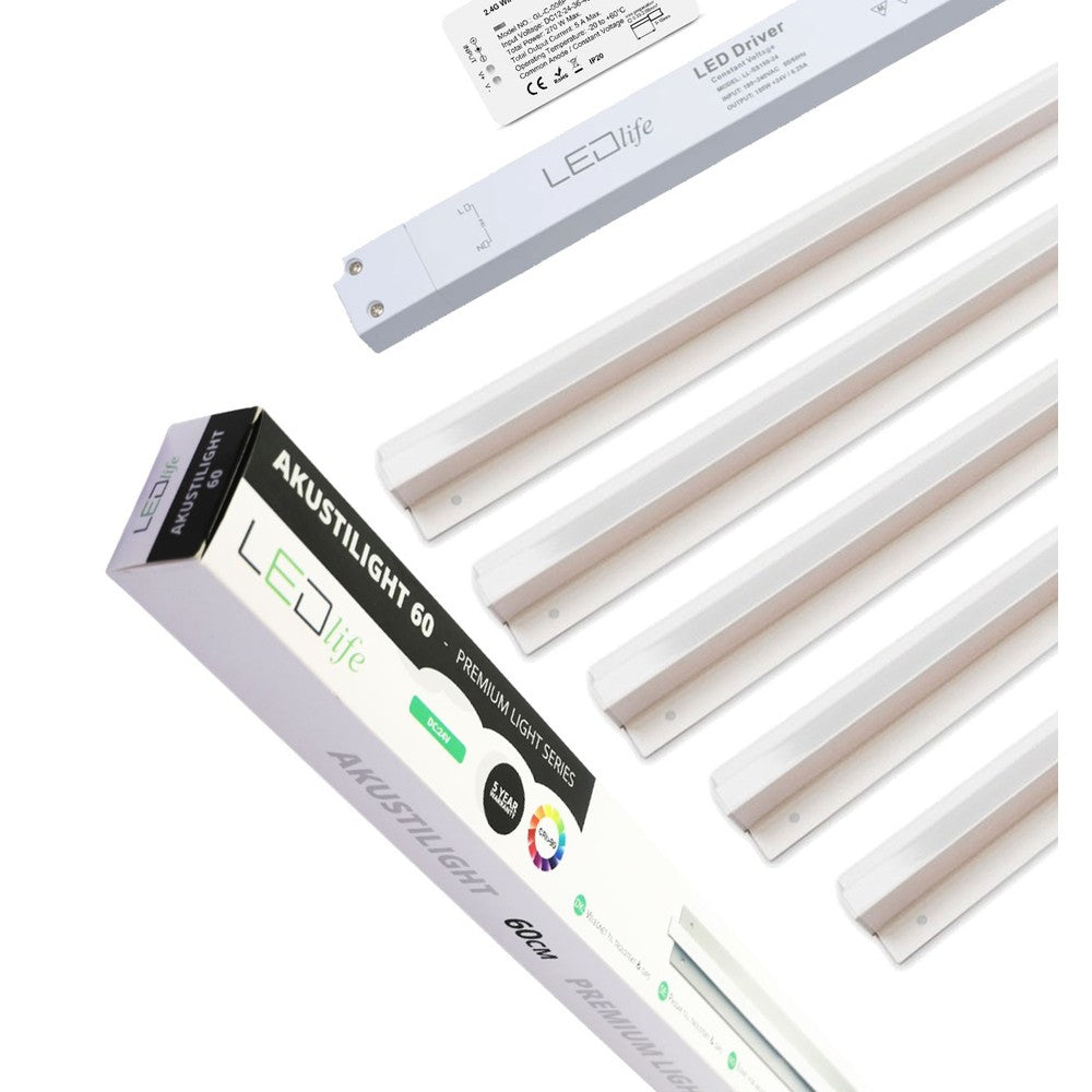 Troldtekt LED Zigbee Skinnesæt 5x90 cm inkl. ledninger og driver - 27W, CCT, Planforsænket, Akustilight, 2700lm, RA93