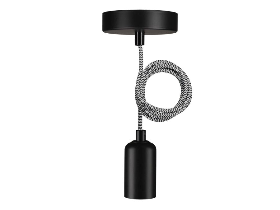 Pendel m. E27 sokkel - RENO, Sort/hvid stofledn. (1,5m)