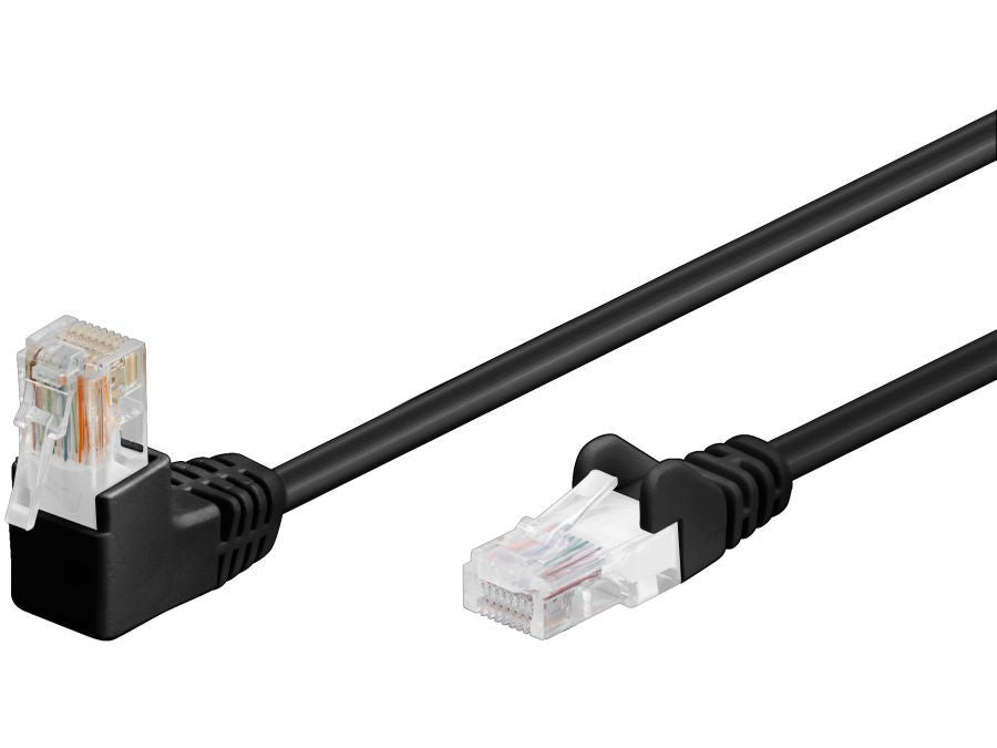UTP netværkskabel - CAT5E, 2xRJ45, 1x90°, Sort (1m)