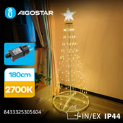 180cm Kegleformet Juletræsdekoration m. Varm Hvidt Lys, 8 Lysspil, Timer - 3.6W, 230V, 3 Års Garanti