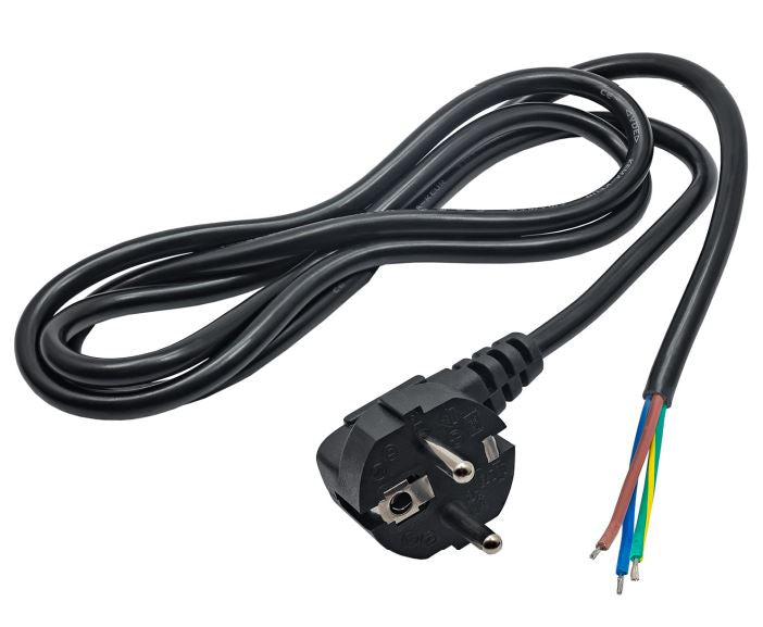 Strømkabel - 90° CEE7/7 til løs ende, 3x0,5mm², Sort (1,5m)