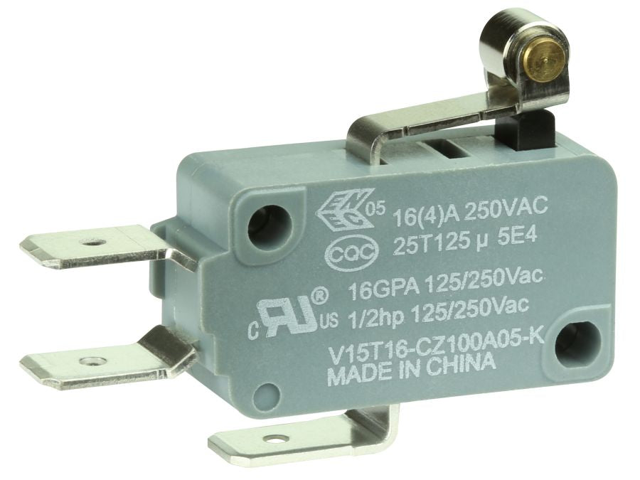 Mikroswitch m. kort rullebolt arm - 16A/250V, ON-(ON), spade